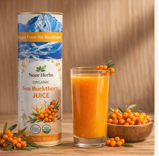 Noor Herbs Organic Sea Buckthorn Juice 500ml canister with a fresh glass of juice and berries